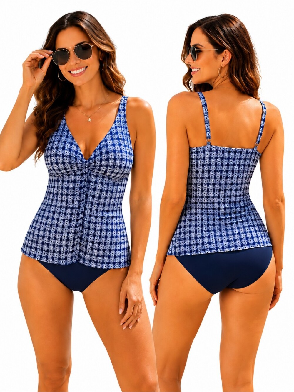 Nicole Miller Ruched Swim Small Tankini Top Blue White Adjustable Straps Bodycon